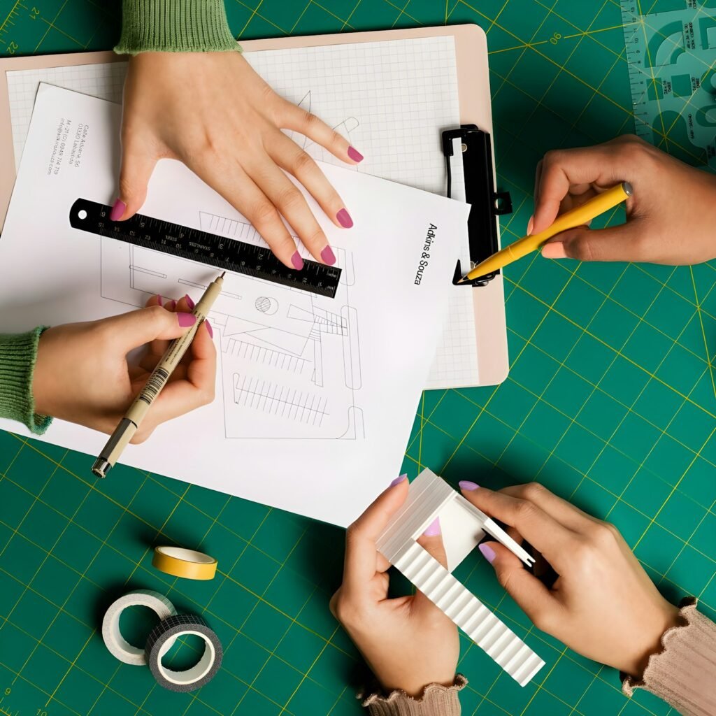 Hands working on a crafting project with a ruler and paper